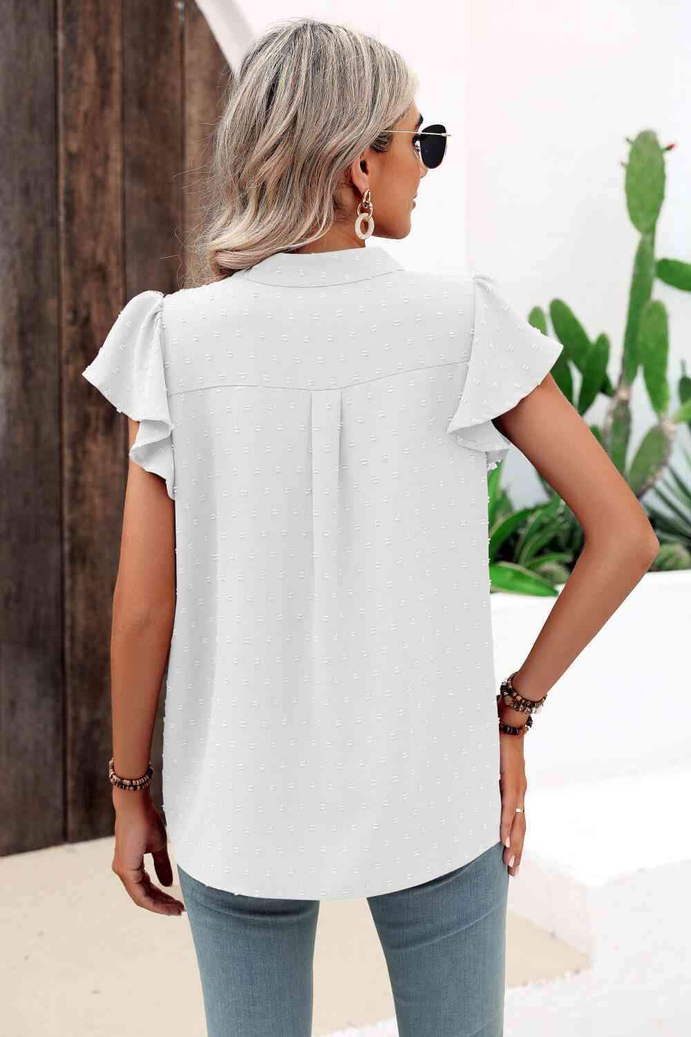 Swiss Dot Flutter Sleeve Notched Neck Blouse Blouses - Tophatter Daily Deals