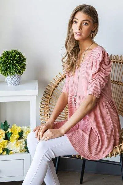 Heimish Full Size Waffle Knit V-Neck Babydoll Top Blouses - Tophatter Daily Deals