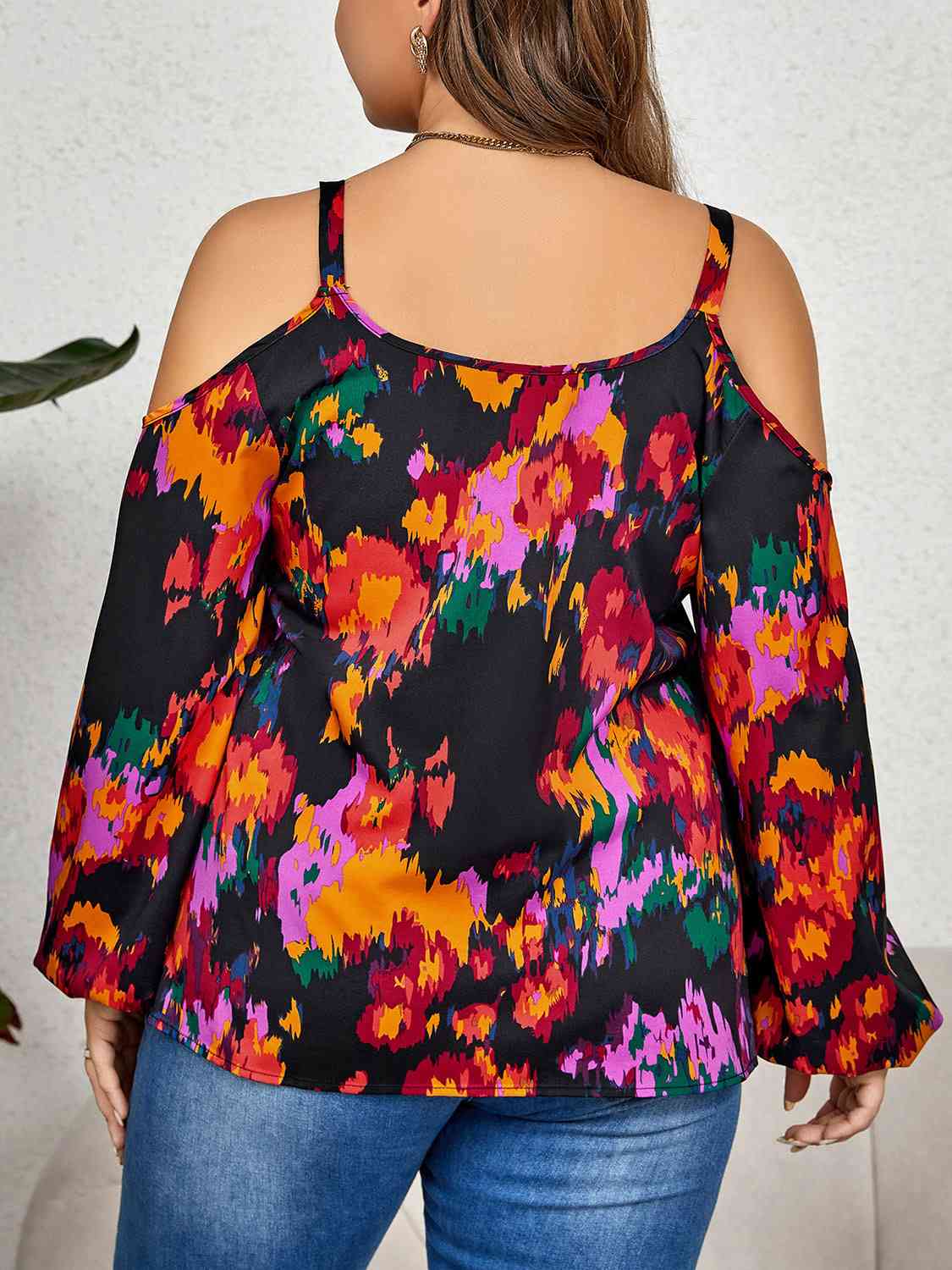 Plus Size Printed Cold Shoulder Long Sleeve Blouse - Tophatter Deals