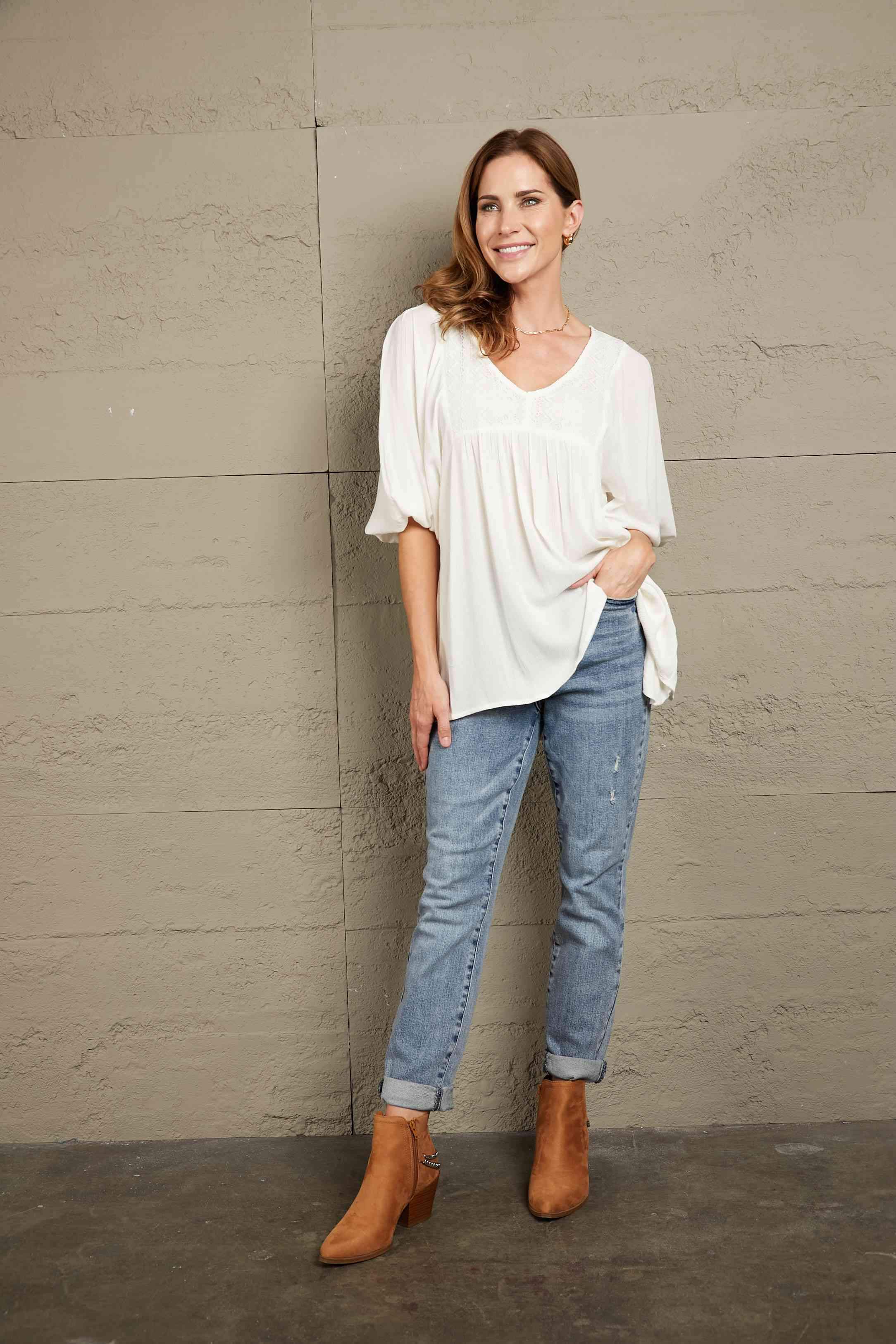 Double Take V-Neck Half Sleeve Blouse with Pockets Blouses - Tophatter Daily Deals