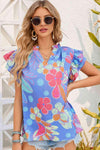 Floral Notched Neck Flutter Sleeve Blouse Floral Blouses - Tophatter Daily Deals