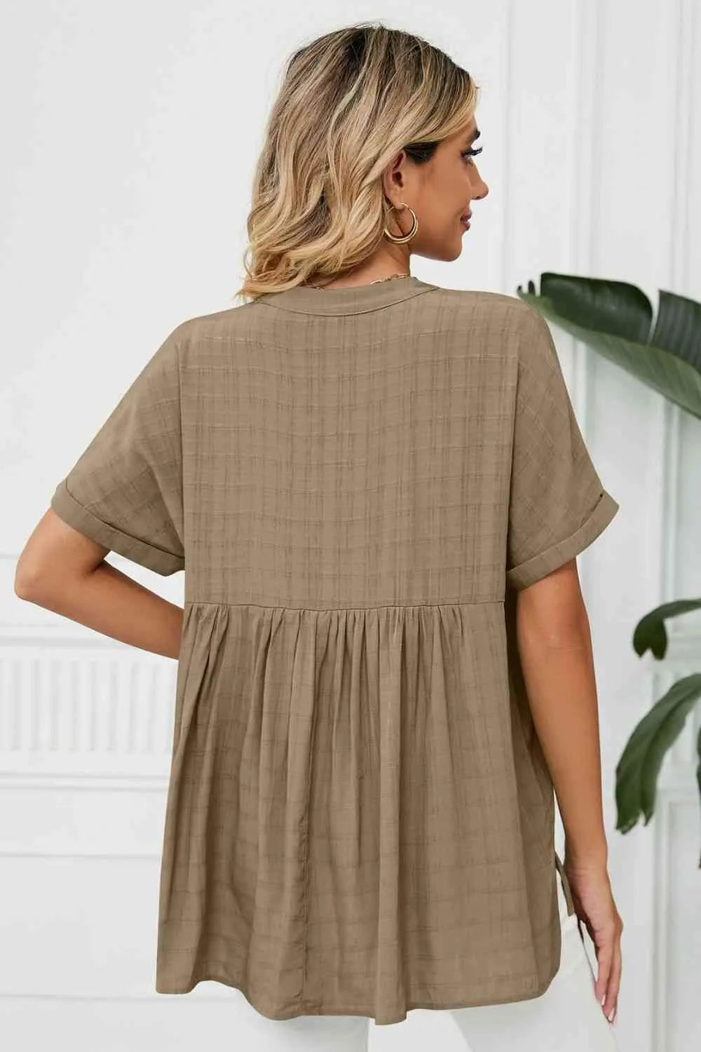 Side Slit Notched Neck Cuffed Short Sleeve Blouse Blouses - Tophatter Daily Deals