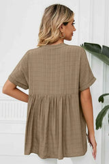 Side Slit Notched Neck Cuffed Short Sleeve Blouse Blouses - Tophatter Daily Deals