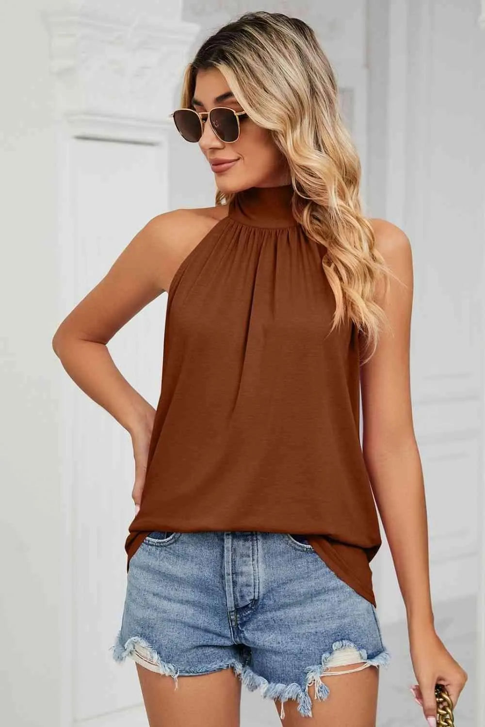 Gathered Detail Tied Sleeveless Top Blouses - Tophatter Daily Deals