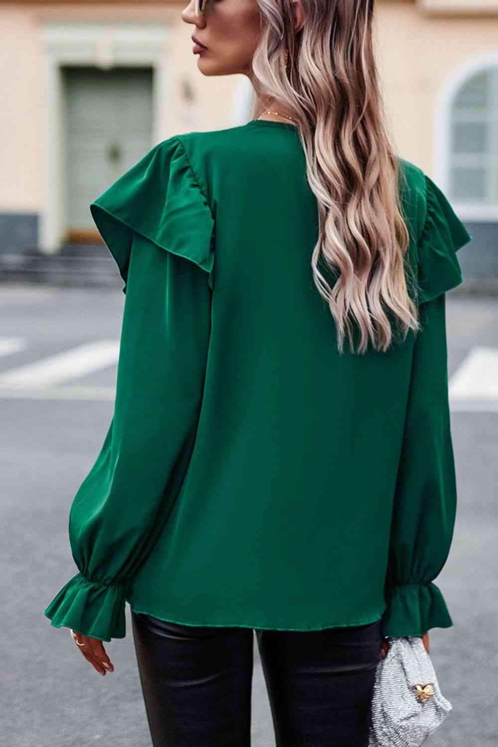 V-Neck Flounce Sleeve Ruffle Trim Blouse Blouses - Tophatter Daily Deals