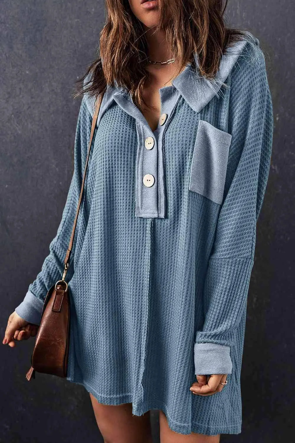 Waffle Knit Buttoned Long Sleeve Top with Breast Pocket Dusty Blue Blouses - Tophatter Daily Deals
