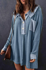Waffle Knit Buttoned Long Sleeve Top with Breast Pocket Dusty Blue Blouses - Tophatter Daily Deals