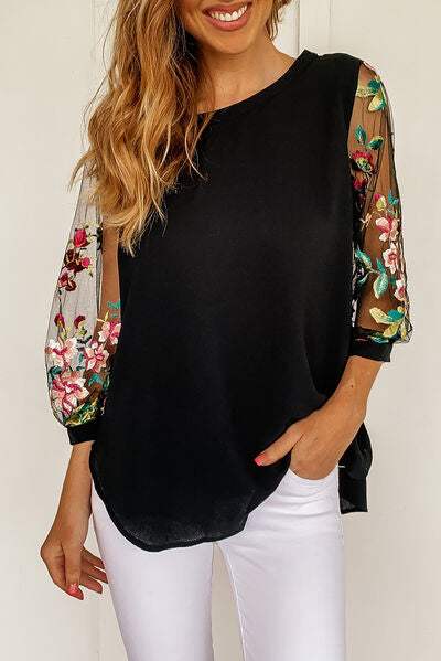 Embroidered Round Neck Three-Quarter Sleeve T-Shirt Black Women's T-Shirts - Tophatter Daily Deals