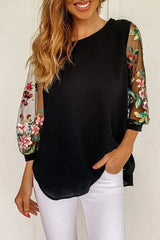 Embroidered Round Neck Three-Quarter Sleeve T-Shirt Black Women's T-Shirts - Tophatter Daily Deals