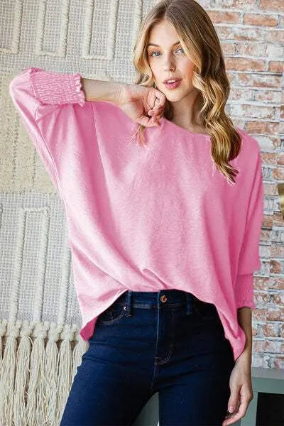 Reborn J Texture Round Neck Smocked Half Sleeve Top Blouses - Tophatter Daily Deals