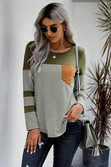 Pocketed Striped Round Neck T-Shirt Women's T-Shirts - Tophatter Daily Deals