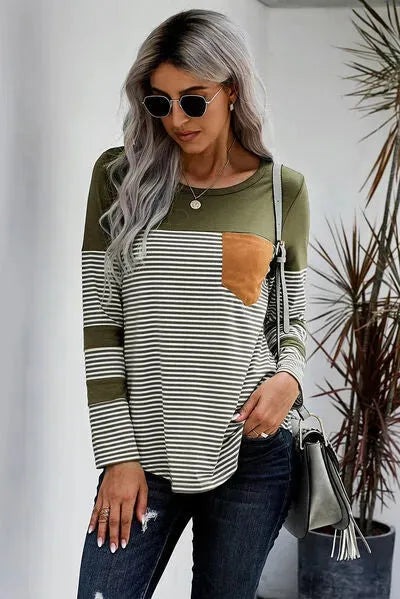 Pocketed Striped Round Neck T-Shirt Women's T-Shirts - Tophatter Daily Deals