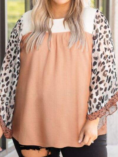 Plus Size Leopard Ruffle Trim Long Sleeve Blouse Peach Blouses - Tophatter Daily Deals