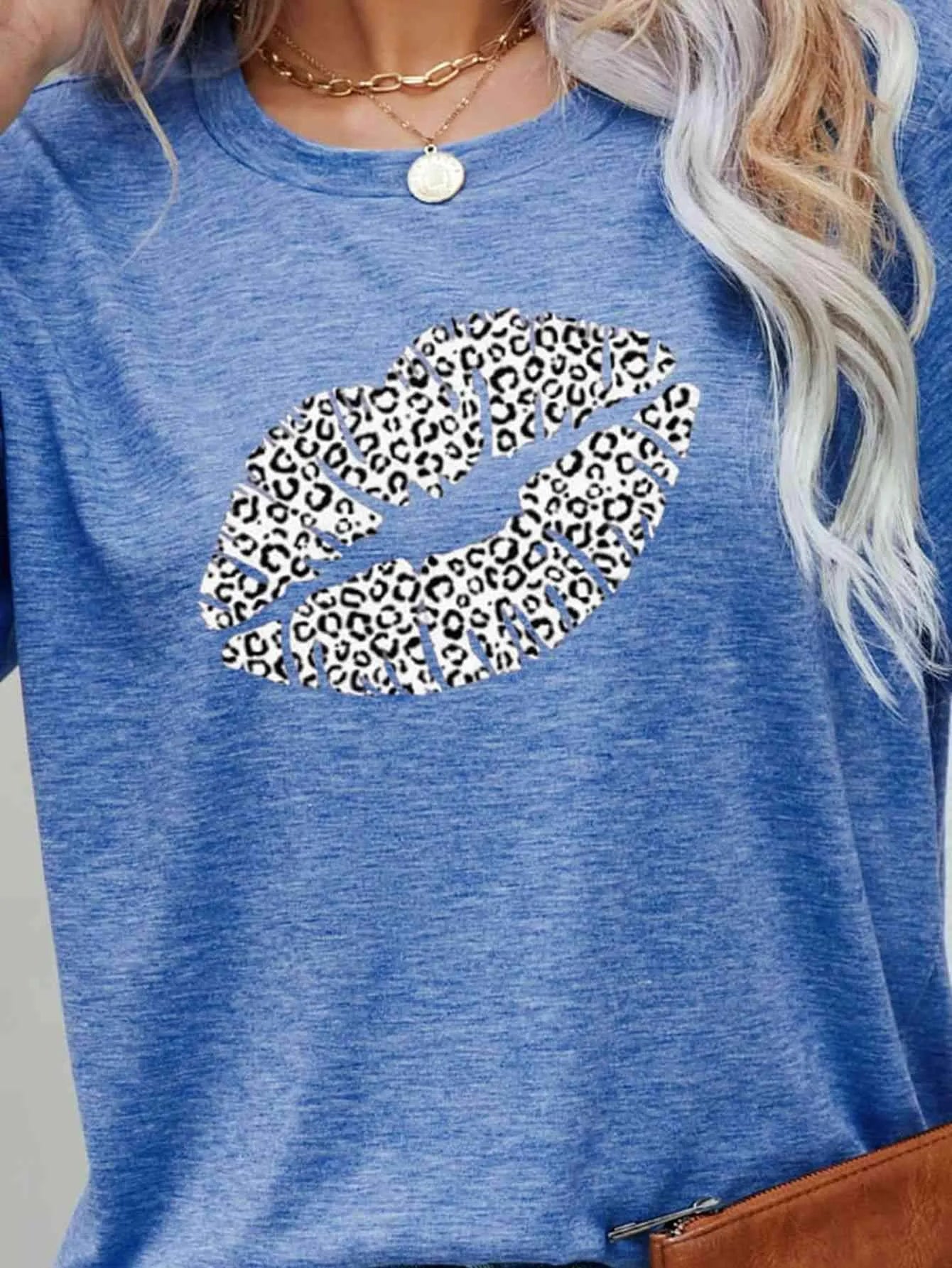 Leopard Lip Graphic Round Neck Tee Women's T-Shirts - Tophatter Daily Deals