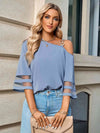 Asymmetrical Neck Sheer Striped Flare Sleeve Blouse Dusty Blue Blouses - Tophatter Daily Deals