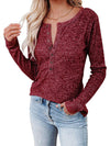 Round Neck Buttoned Long Sleeve T-Shirt Wine Women's T-Shirts - Tophatter Daily Deals