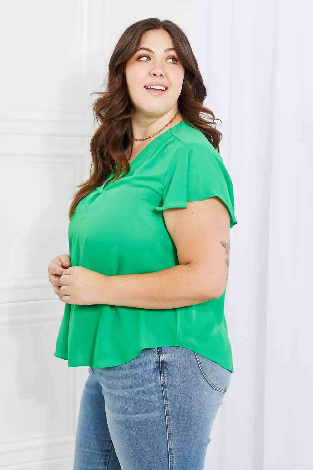 Sew In Love Just For You Full Size Short Ruffled Sleeve length Top in Green Blouses - Tophatter Daily Deals