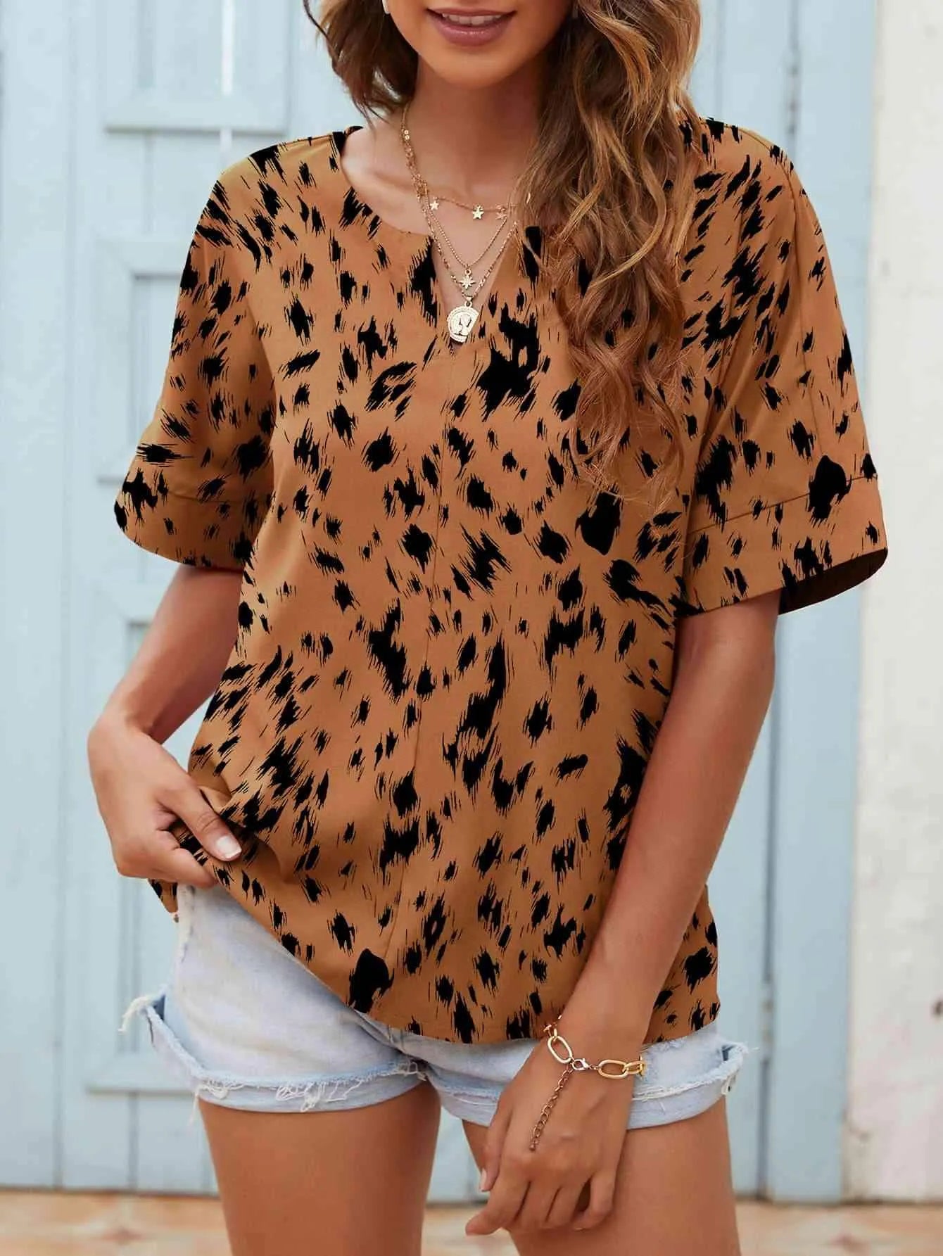 Printed Notched Neck Half Sleeve Blouse Chestnut Blouses - Tophatter Daily Deals