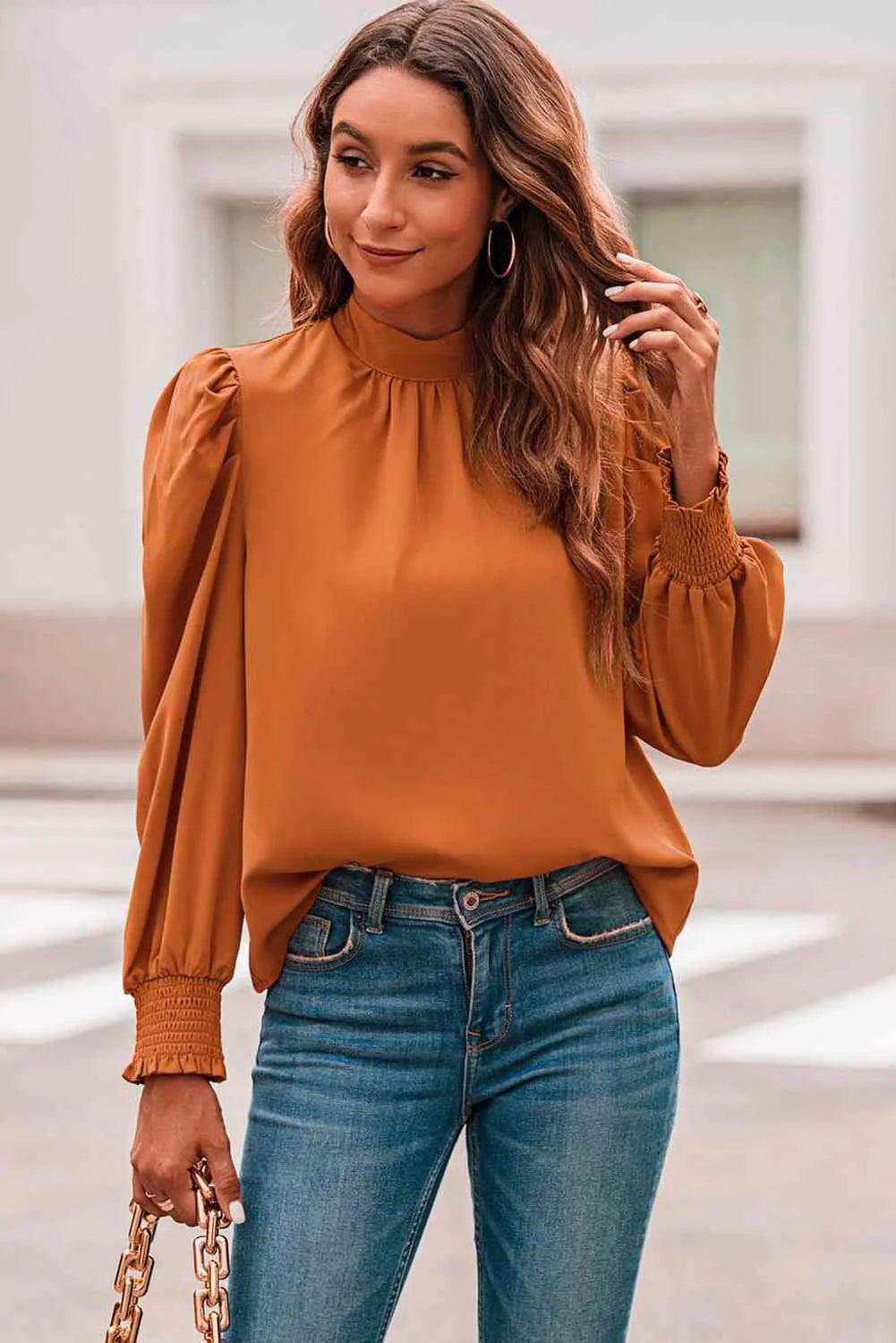 Mock Neck Puff Sleeve Blouse Pumpkin Blouses - Tophatter Daily Deals