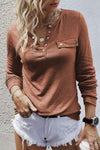 Half Snap Round Neck Long Sleeve T-Shirt Camel Women's T-Shirts - Tophatter Daily Deals