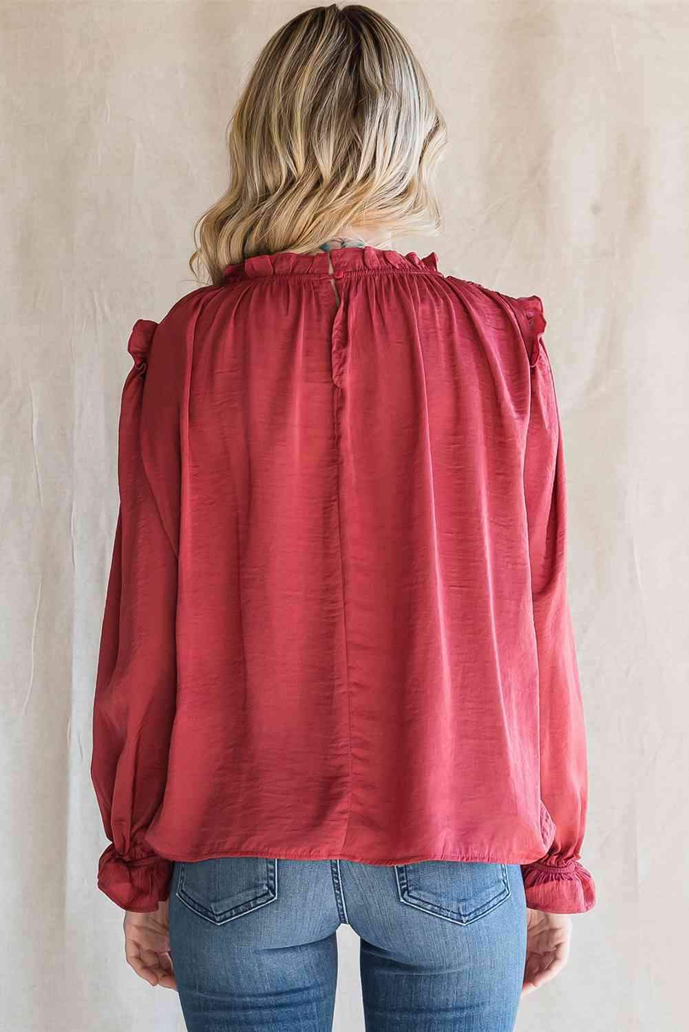 Frilled Neck Long Flounce Sleeve Blouse Blouses - Tophatter Daily Deals