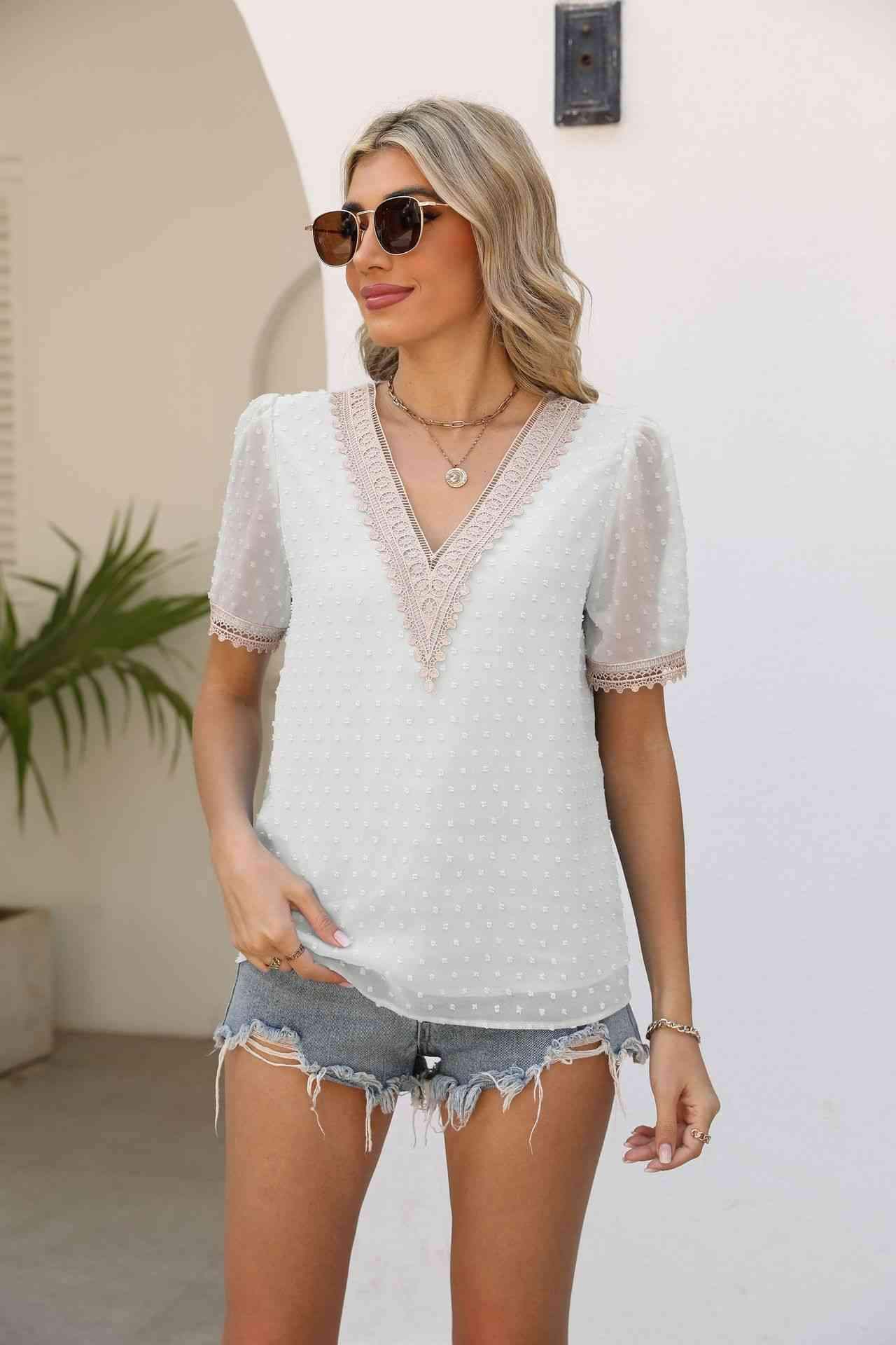 Contrast V-Neck Swiss Dot Top Blouses - Tophatter Daily Deals