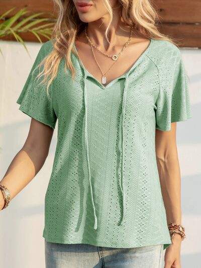 Eyelet Tie Neck Short Sleeve T-Shirt Gum Leaf Women's T-Shirts - Tophatter Daily Deals