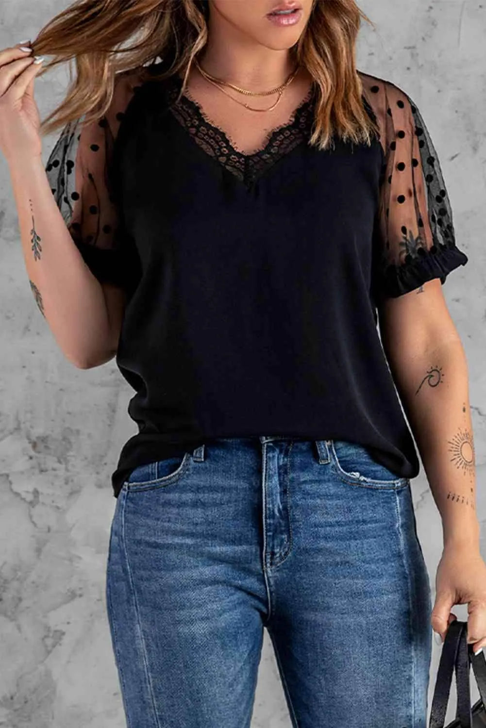 Polka Dot Lace Trim Spliced Mesh Blouse Blouses - Tophatter Daily Deals