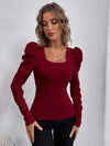 Square Neck Puff Long Sleeve Top Wine Blouses - Tophatter Daily Deals