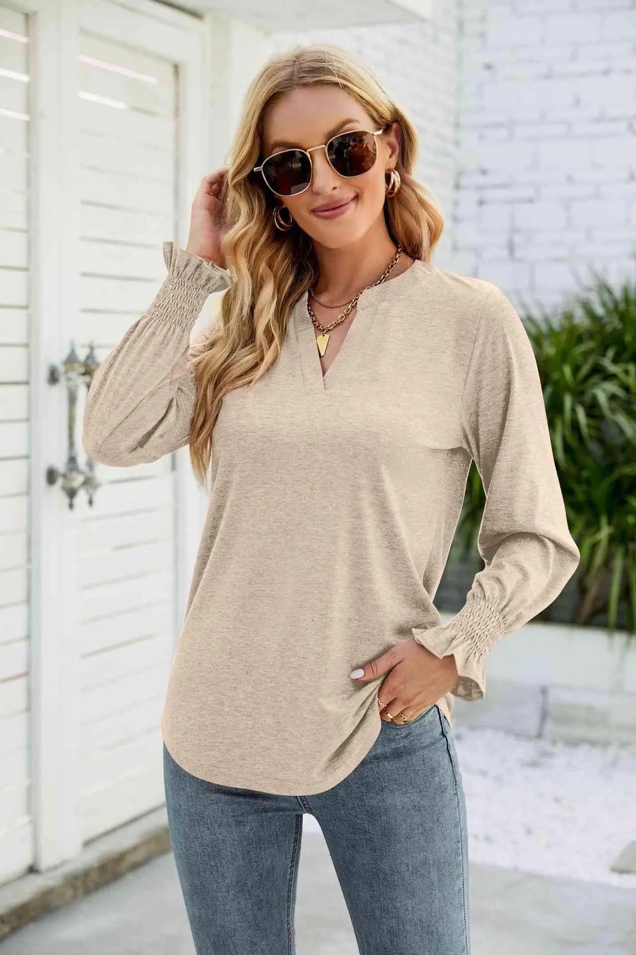 Heathered Flounce Sleeve Curved Hem Top Tan Blouses - Tophatter Daily Deals