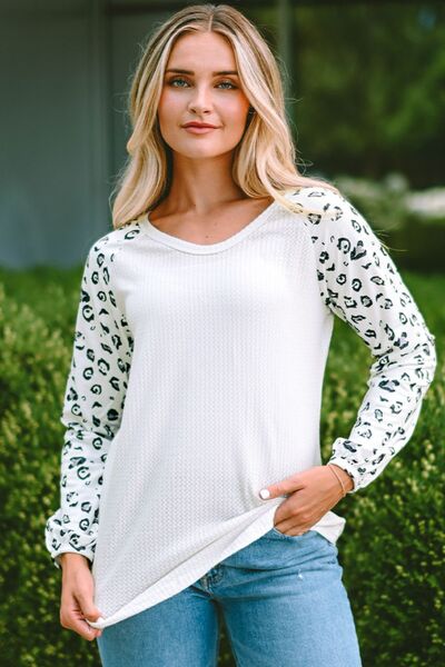 Leopard Round Neck Long Sleeve T-Shirt White Women's T-Shirts - Tophatter Daily Deals