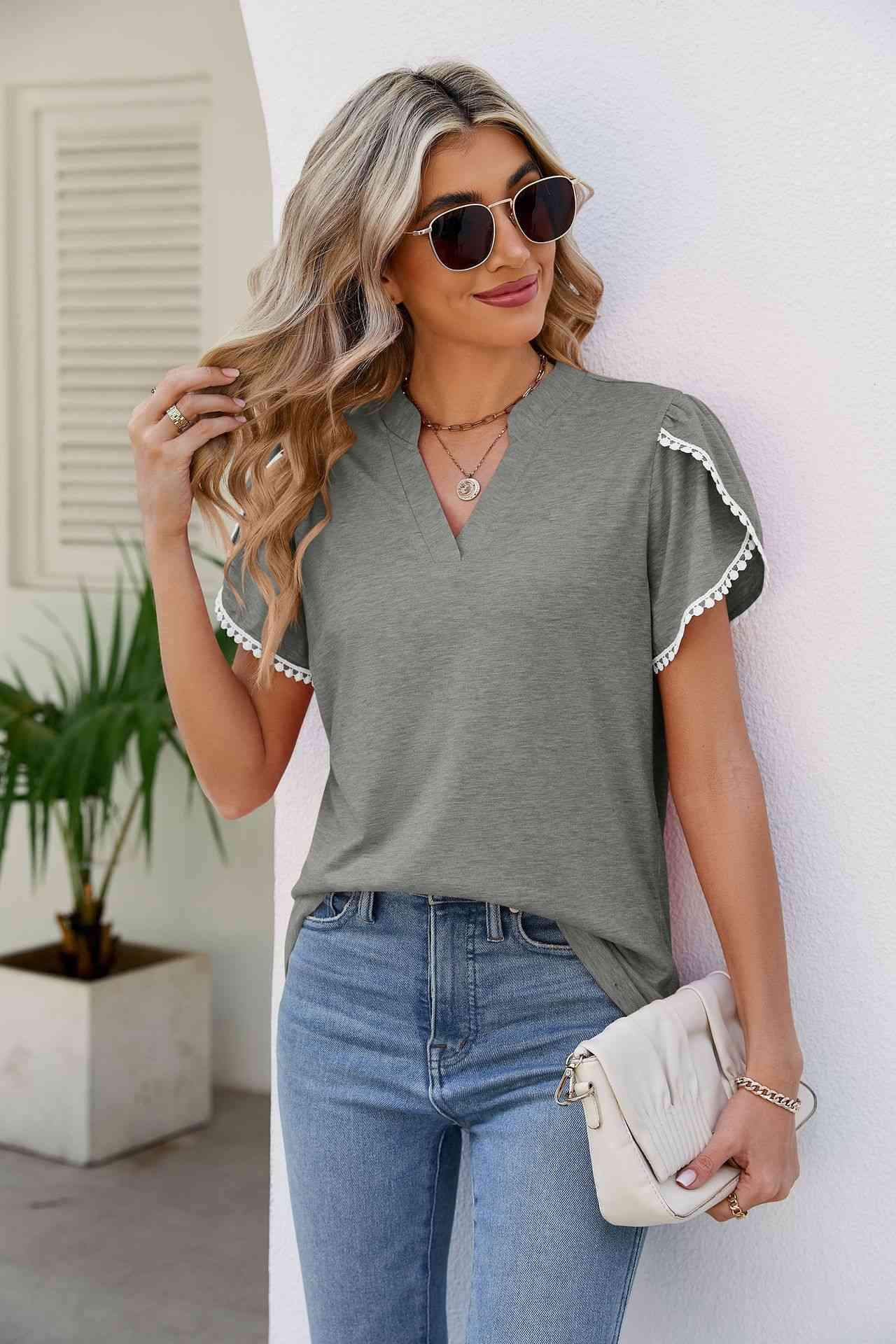 Pom-Pom Trim Petal Sleeve Notched Neck Top Mid Gray Blouses - Tophatter Daily Deals