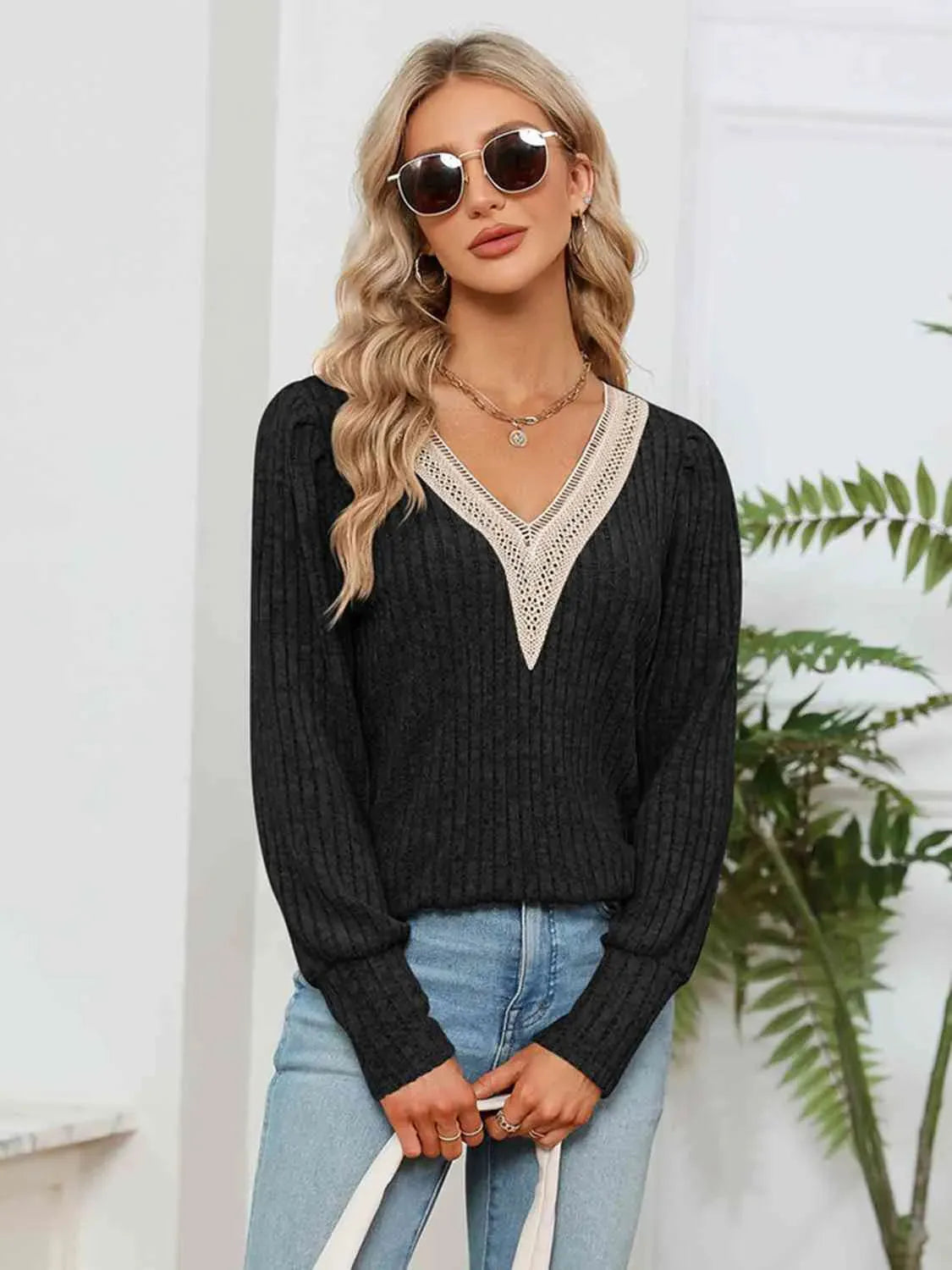 Lace Detail V-Neck Ribbed Blouse Blouses - Tophatter Daily Deals