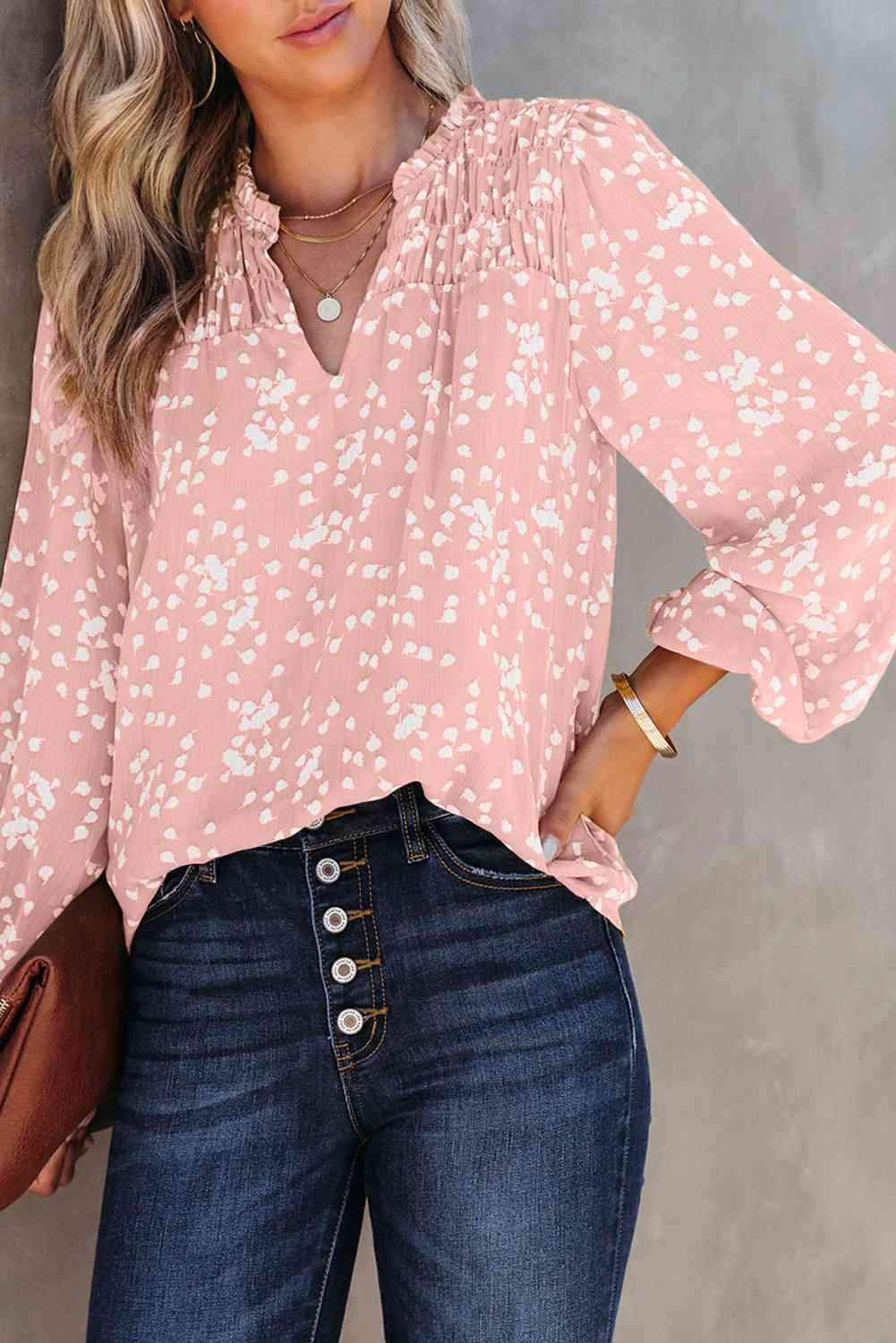 Double Take Printed Notched Neck Smocked Blouse Blouses - Tophatter Daily Deals