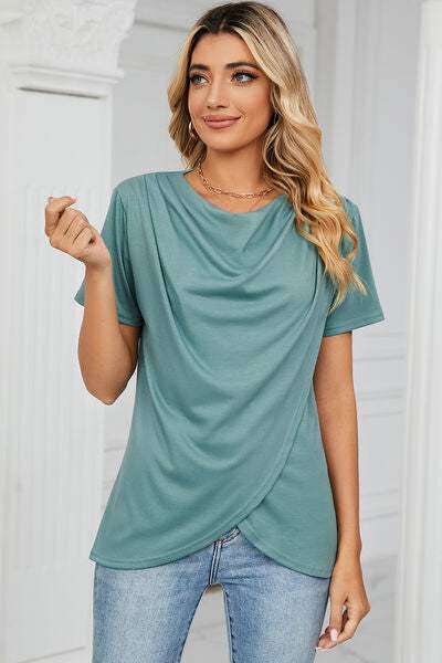 Cowl Neck Short Sleeve T-Shirt Teal Women's T-Shirts - Tophatter Daily Deals