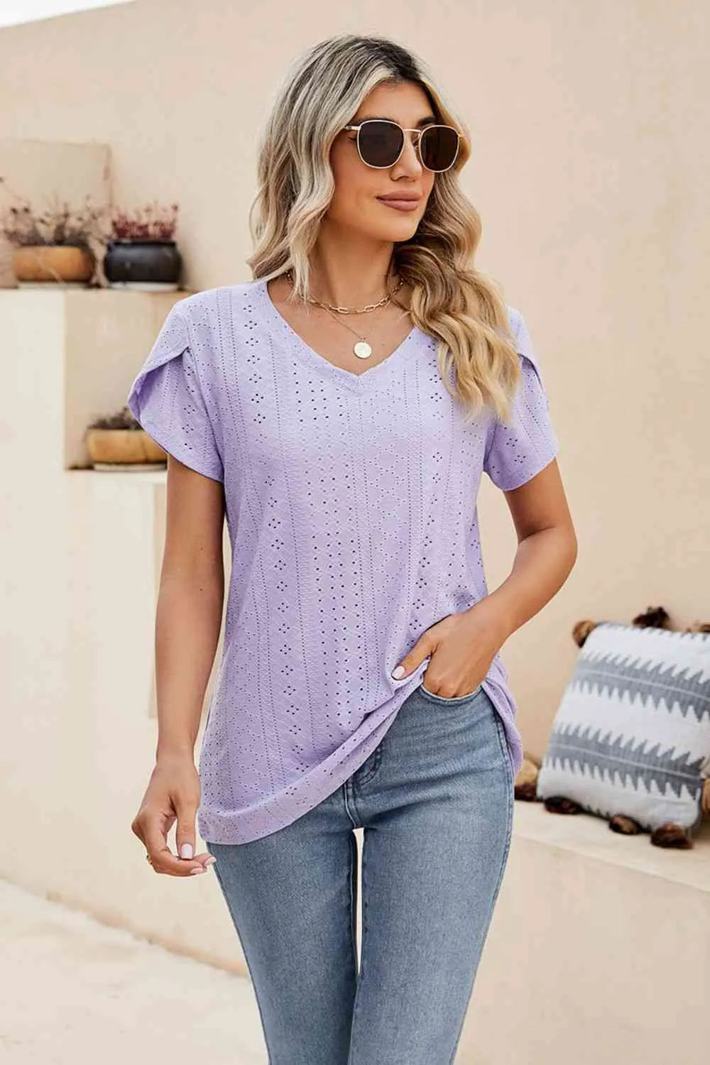 Eyelet Petal Sleeve V-Neck Knit Top Blouses - Tophatter Daily Deals