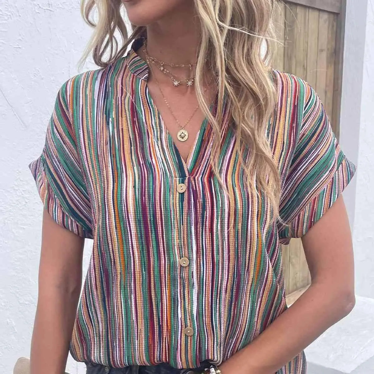 Multicolored Stripe Notched Neck Top Blouses - Tophatter Daily Deals