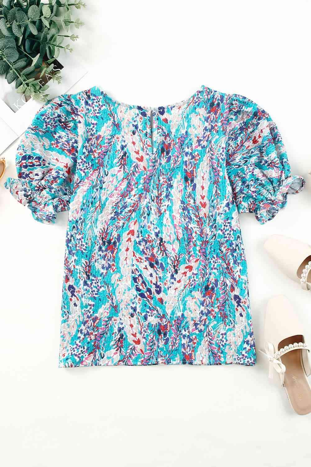 Printed Round Neck Half Flounce Sleeve Top Blouses - Tophatter Daily Deals