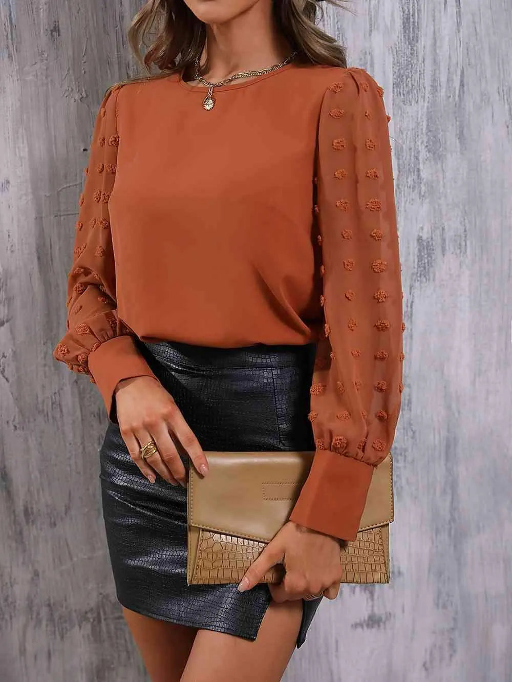 Swiss Dot Lantern Sleeve Round Neck Blouse Blouses - Tophatter Daily Deals