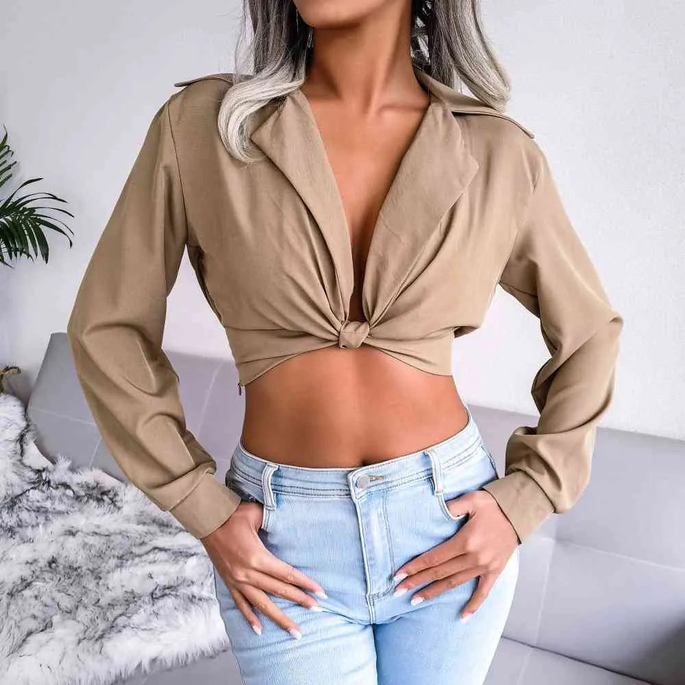 Knot Detail Collared Cropped Top Khaki Blouses - Tophatter Daily Deals