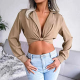 Knot Detail Collared Cropped Top Khaki Blouses - Tophatter Daily Deals