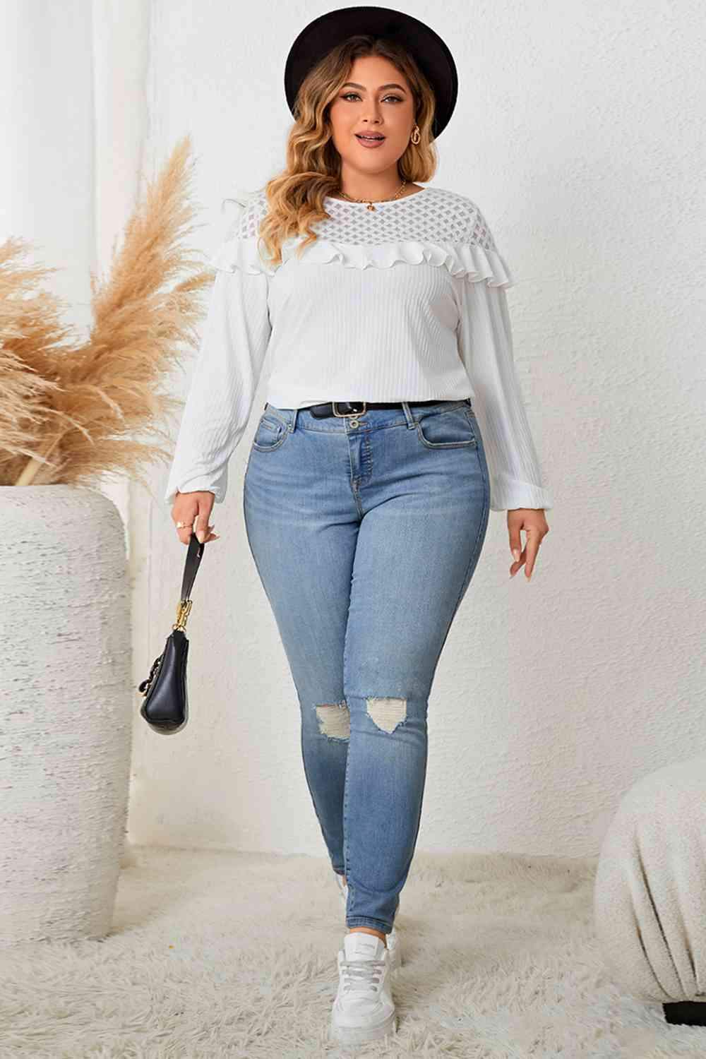 Plus Size Ruffled Round Neck Long Sleeve Blouse Blouses - Tophatter Daily Deals