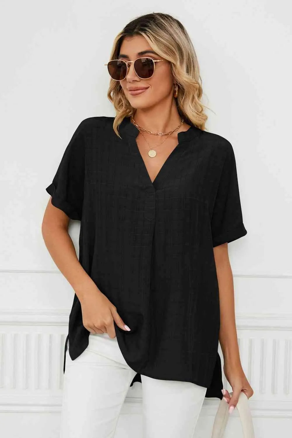 Side Slit Notched Neck Cuffed Short Sleeve Blouse Blouses - Tophatter Daily Deals
