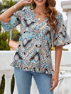 Printed Flounce Sleeve Ruffle Hem Blouse Pastel Blue Blouses - Tophatter Daily Deals