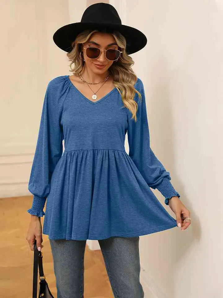 V-Neck Lantern Sleeve Blouse Blouses - Tophatter Daily Deals