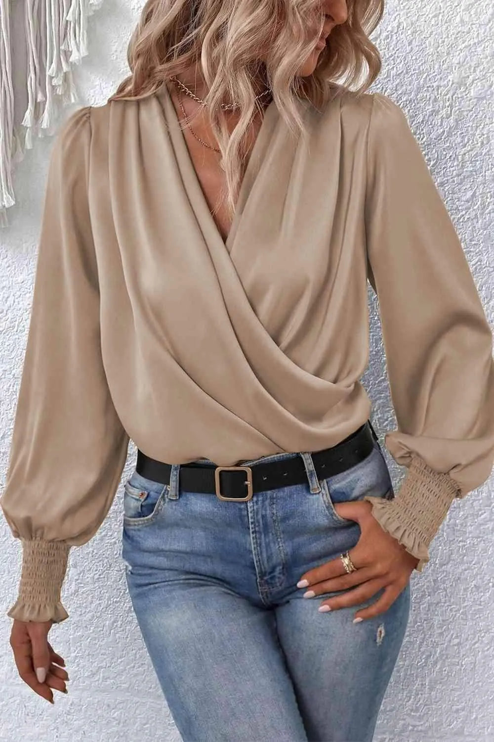 Surplice Neck Lantern Sleeve Blouse Khaki Blouses - Tophatter Daily Deals