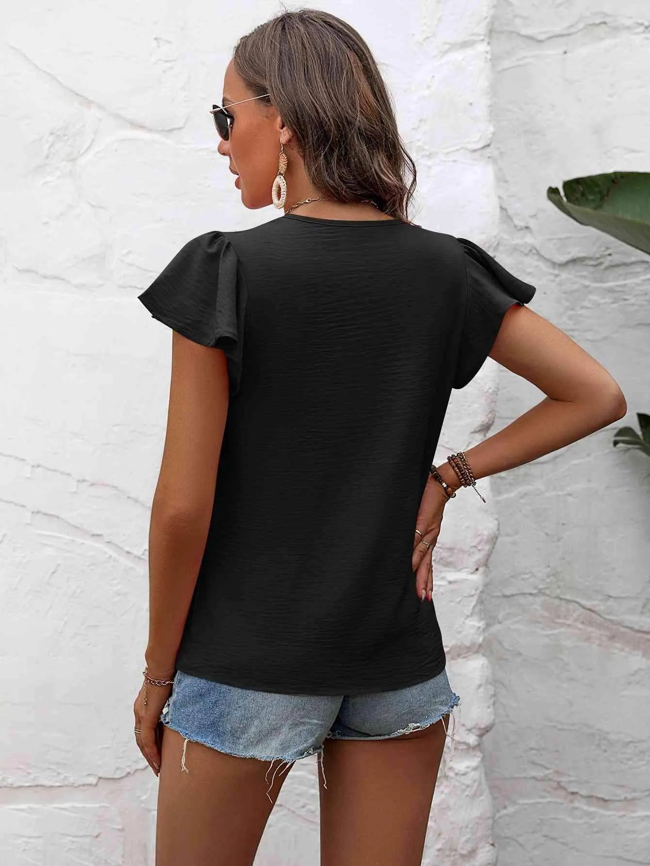 Textured Flutter Sleeve Blouse Blouses - Tophatter Daily Deals