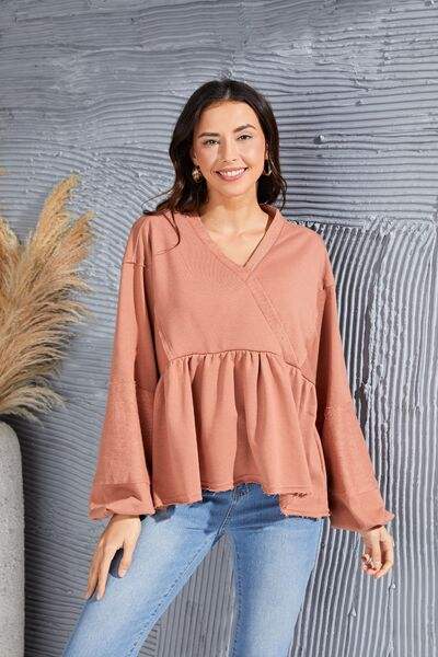 V-Neck Exposed Seams Balloon Sleeve Top Camel Blouses - Tophatter Daily Deals