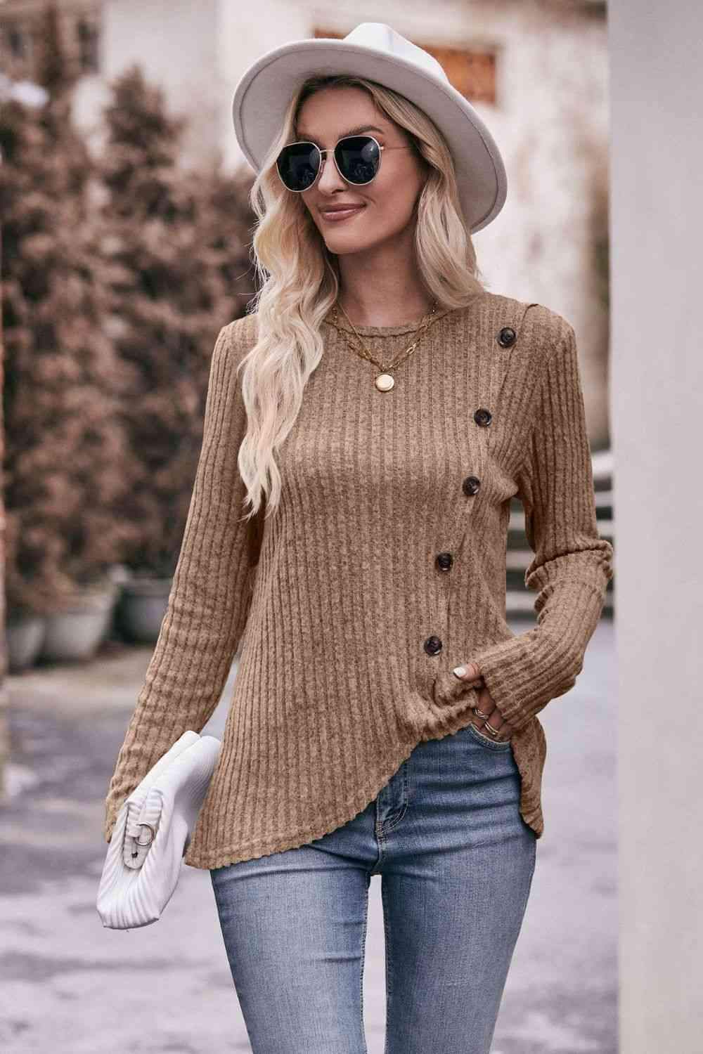 Double Take Ribbed Round Neck Buttoned Long Sleeve Tee Women's T-Shirts - Tophatter Daily Deals