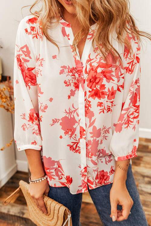 Floral Notched Long Sleeve Blouse Blouses - Tophatter Daily Deals